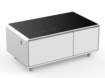 Modern Smart Coffee Table With Built-In Fridge - tooth Speaker, Wireless Charging, Touch Control Panel, USB Interface, Outlet Protection, Atmosphere Light