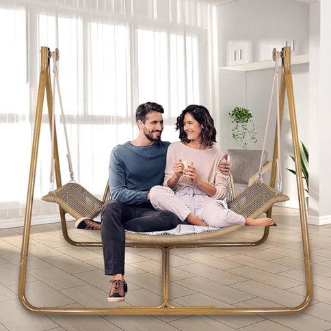 Hammock Swing Chair With Stand For Indoor, Outdoor, Anti-Rust Wood-Colored Frame With Cushion Oversized Double Hammock Chair For Patio Balcony Bedroom Ban On Amazon - Gold / Brown