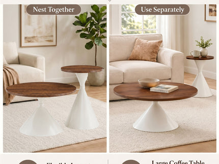 2 Piece Round Coffee Table Set - Walnut / White