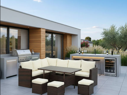 7 Piece Outdoor Dining Set With Cushions, Modular Sectional Sofa And Table