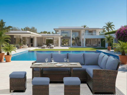 7 Piece Patio Dining Set With Cushions, Modular Sectional Sofa & Storage Table