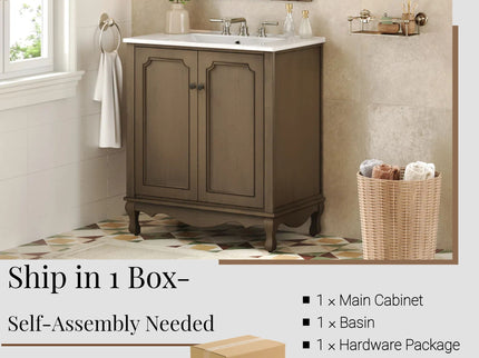 Vintage Bathroom Vanity With Ceramic Sink, Adjustable Shelves