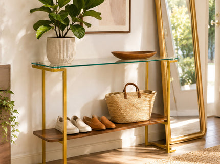 Console Table With Shelf, 2 Tier Living Room - Gold / Walnut