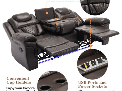 3 Pieces Recliner Sofa Sets Home Theater Seating Manual Recliner Chair & Center Console And LED Light Strip For Living Room - Brown