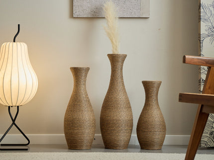 3 Piece Artificial Rattan Floor Vase Set Decorative Accent For Living Room, Hallway & Entryway, Ideal For Dried Or Silk Flower Arrangements - Beige