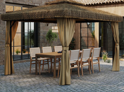 Outdoor Patio Gazebo With Double Canopy, Mosquito Net & Privacy Curtain - Brown