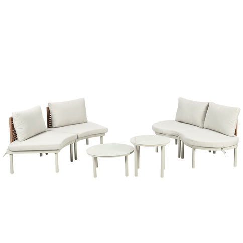 6 Piece Patio Set, Half Moon Outdoor Sectional Sofa With 2 High Low Coffee Tables, 4 Pillows & Cushions