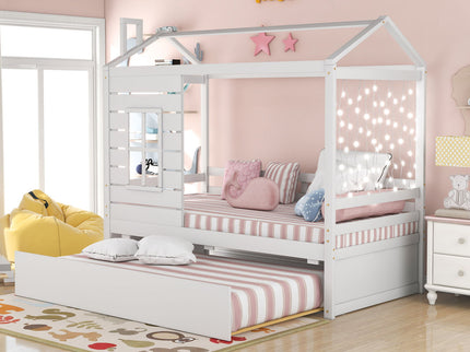 Twin Size Classic House Bed With Twin Size Trundle - White