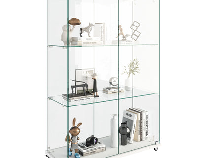 Modern Display Cabinet With LED Lights, Transparent Tempered Glass 2 Door Storage Case With 3 Shelves