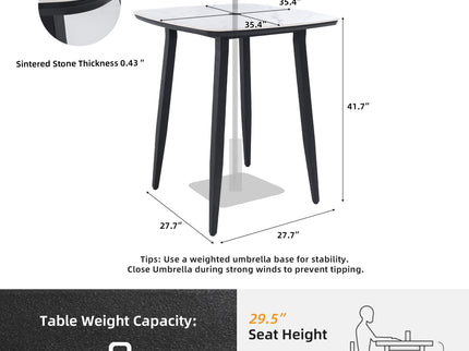 Outdoor Bar Table, Rounded Square Sintered Stone Top With Umbrella Hole, Rust Free Frame, Weatherproof - Ember Black / White