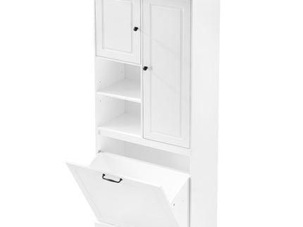 Modern Tall Storage Cabinet With Adjustable Shelves, Flip-Out Basket & Enclosed Doors
