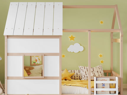 House Floor Bed With 7 Color LED Light, Built In Bookshelf