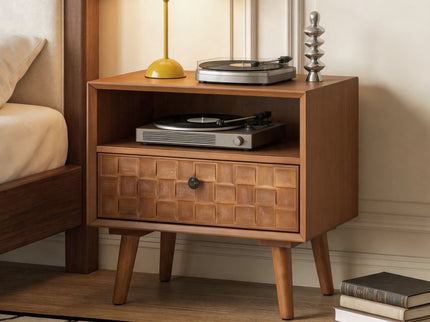 Nightstand With Carved Geometric Drawer Front, 1 Drawer And Open Shelf