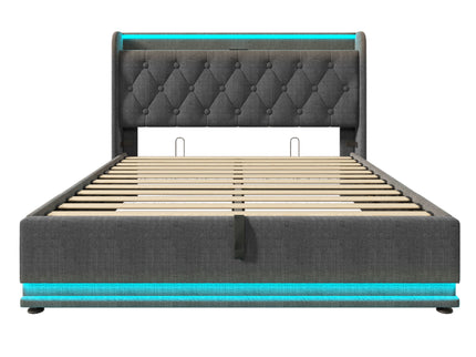 Upholstered Bed, 360 Surround LED Function, Remote Control, Hydraulic Storage Bed With USB, Type-C Charging (Without Mattress)