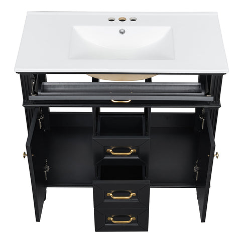 Bathroom Vanity With Sink, Flip-Out Top Drawer, Soft Close Doors, 2 Storage Drawers
