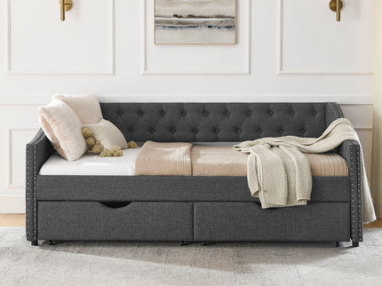 Upholstered Tufted Daybed With 2 Drawers, Waved Arms