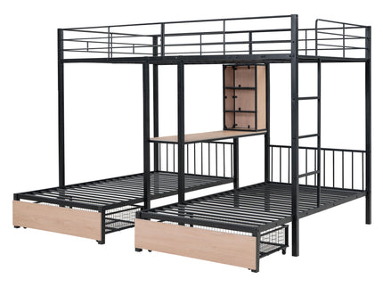 Triple Bunk Bed With Drawers, Multi-Functional Frame With Desks And Shelves In The Middle