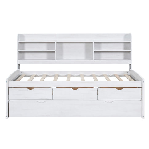 Captain Bed With Built In Bookshelves, 3 Storage Drawers, And Trundle