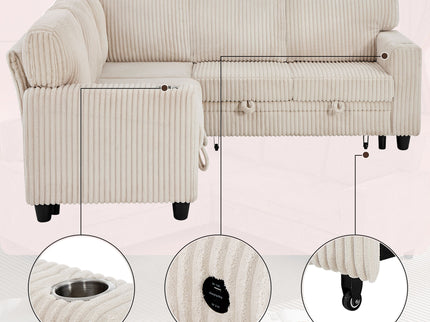 L-Shaped Sofa With Pull Out Sofa Bed With USB