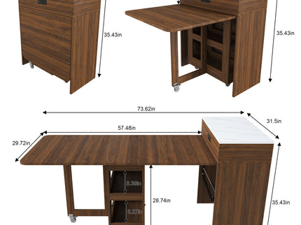 Extendable Dining Table With Power Socket, Lockable Casters, Storage Cabinet