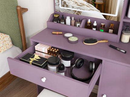 Vanity Desk Set With Padded Stool & Adjustable LED Mirror, 3 Color Mode Lighting, Compact For Bedroom - Purple
