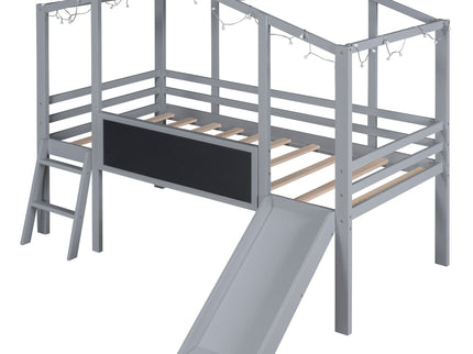 Loft House Bed With Ladder And Slide, With board And Light Strip On The Roof