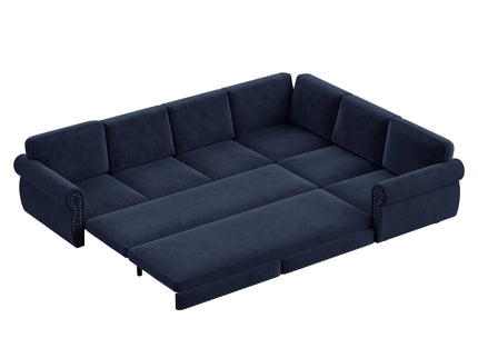 L-Shaped Sofa Couch With Pull Out Bed With Nailhead Trim & Rolled Arm