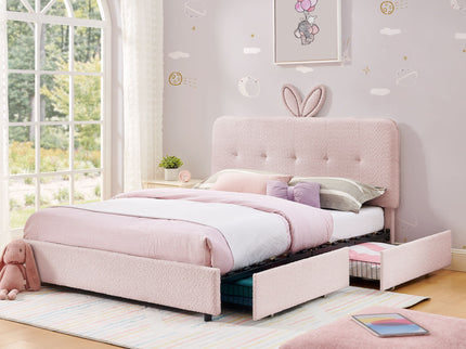 Upholstered Bed With Oversized Rabbit Ear Headboard, LED Lights & 4 Storage Drawers