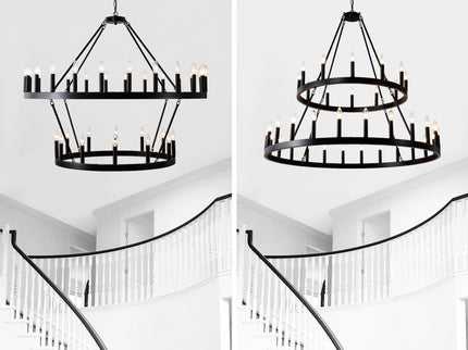 2 Tiers Wagon Wheel Chandelier Wooden Farmhouse 36 Light (24 / 12) Or (12 / 24) Metal Chandeliers 2 Story Light Fixtures Industrial For High Ceiling Living Dining Room Foyer, Adjustable Height - Black