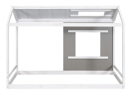 Twin Size House Platform Bed With Roof And Window - Natural / White