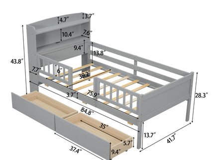 Platform Bed With LED Light, Multi Functional Headboard, Guardrail And 2 Drawers
