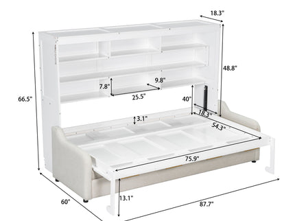 Murphy Cabinet Bed With Folding Sofa, Built In Storage Shelves And LED Light