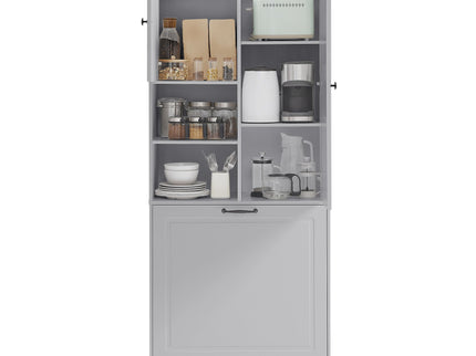 Modern Tall Storage Cabinet With Adjustable Shelves, Flip-Out Basket & Enclosed Doors