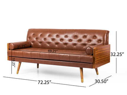 Adelaide - Mid Century Modern Tufted Sofa With Rolled Accent Pillows - Light Brown