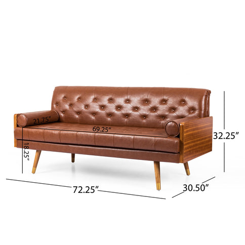 Adelaide - Mid Century Modern Tufted Sofa With Rolled Accent Pillows - Light Brown