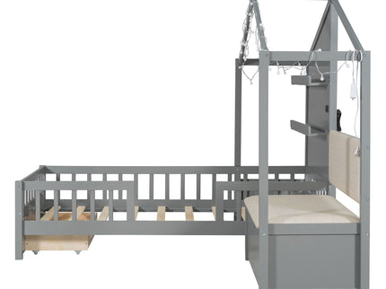 House Bed With Upholstered Sofa, Wireless Charging Station, Shelves And 2 Drawers