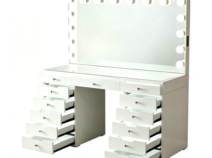 LED Lighted Makeup Vanity Desk With 16 Bulbs Mirror, 13 Drawers Dressing Table For Bedroom - Gloss White