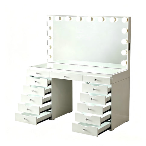 LED Lighted Makeup Vanity Desk With 16 Bulbs Mirror, 13 Drawers Dressing Table For Bedroom - Gloss White