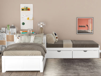 L Shaped Platform Bed With Trundle And Drawers Linked With Built In Desk