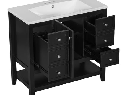 36" Bathroom Vanity & Sink, 2 Cabinet And 3 Drawers - Black