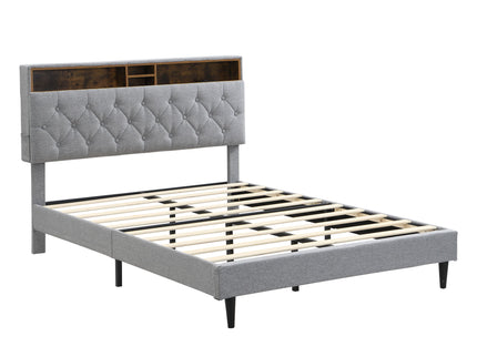 Modern Upholstered Platform Bed Frame With Button Tufted Headboard And USB Ports