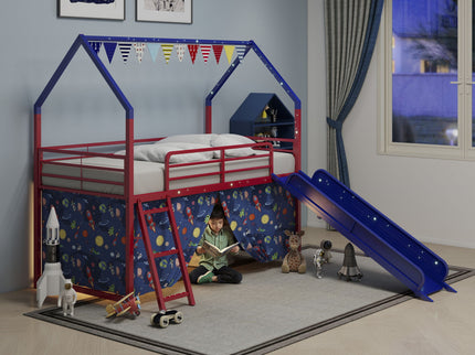 Jack - House Loft Bed With Slide And Curtain Set