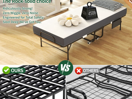 Twin Folding Bed With Memory Foam Mattress, Space Saving Rollaway Guest, On Wheels, Portable For Adults & Guests - Black