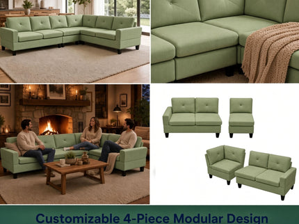 Modular L - Shaped Sectional Sofa, 6 Seater, 4 Piece Couch With Chaise - Green