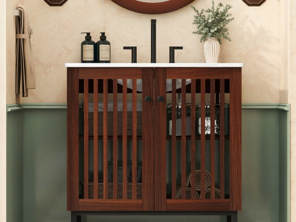 30" Vintage Bathroom Vanity With Ceramic Sink, Modern Bathroom Vanity Cabinet With 2 Soft Close Doors, Equpiied With 4 Sturdy Iron Legs - Antique Dark Brown