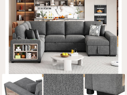 U-Shaped Sectional Sofa Pull-Out Sofa Bed With Two USB Ports, A Storage Chaise Lounge And Four Back Pillows For Living Room