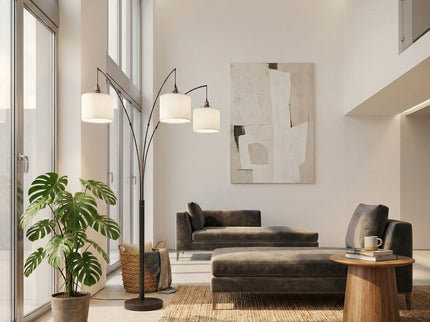 Royal - 3 Arm Arc Floor Lamp, Oil Rubbed Bonze With Linen Shade, 4 Way Rotary Switch - Oil-Rubbed Bronze