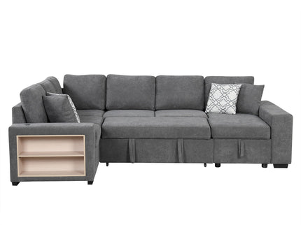 U-Shaped Sectional Sofa Pull-Out Sofa Bed With Two USB Ports, A Storage Chaise Lounge And Four Back Pillows For Living Room