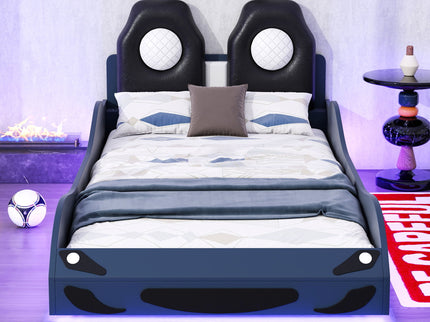 Race Car Shaped Platform Bed With LED And Upholstered Backrest In
