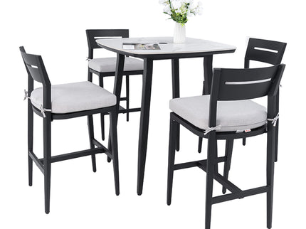 Modern Outdoor Patio Bar Set, Rounded Square Table & Bar Chairs, Non Rust Frame, Tapered Legs, Sunbrella Cushion